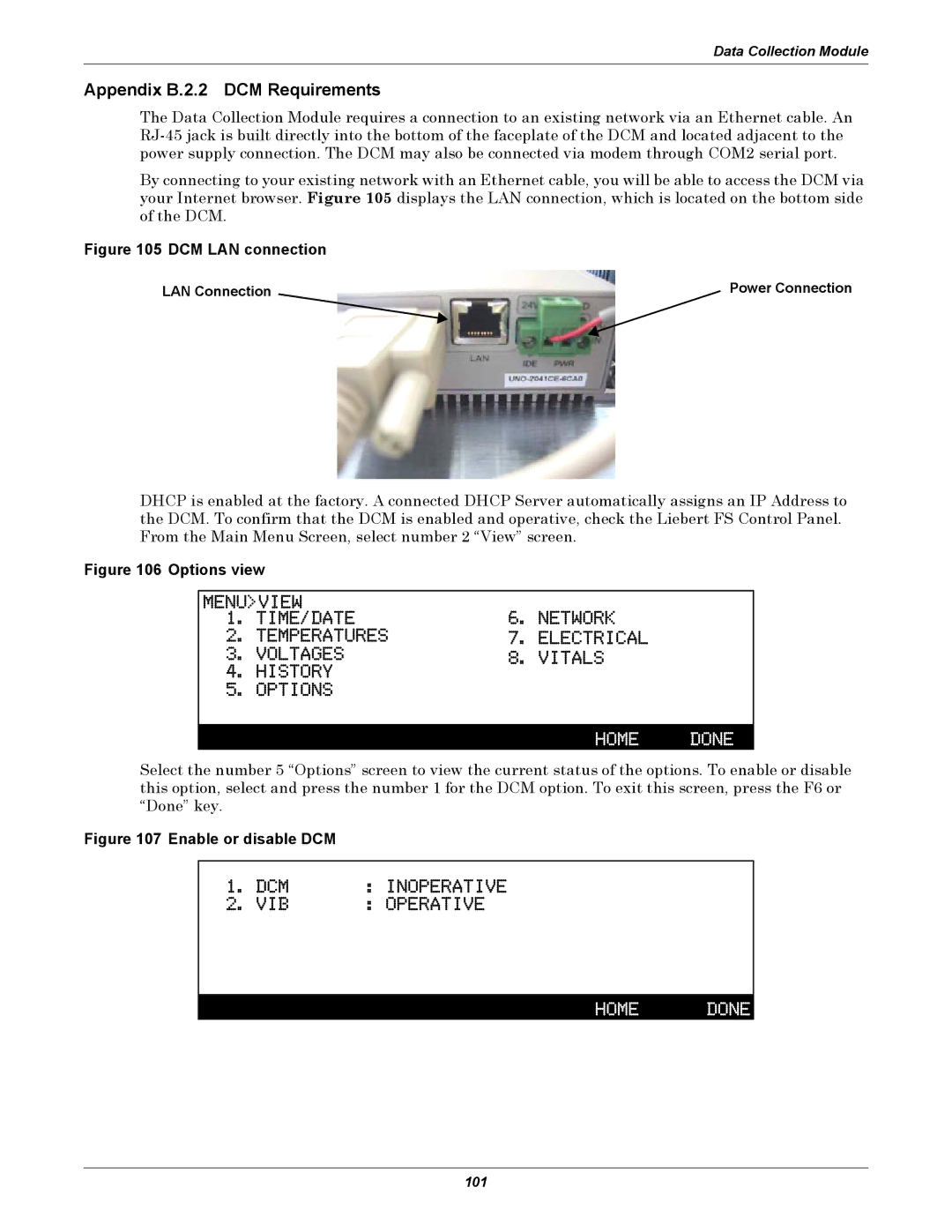 Emerson Series 600, SERIES 600T user manual Appendix B.2.2 DCM Requirements, LAN Connection Power Connection 