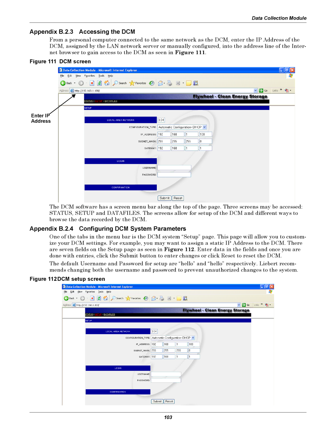 Emerson Series 600 Appendix B.2.3 Accessing the DCM, Appendix B.2.4 Configuring DCM System Parameters, Enter IP Address 