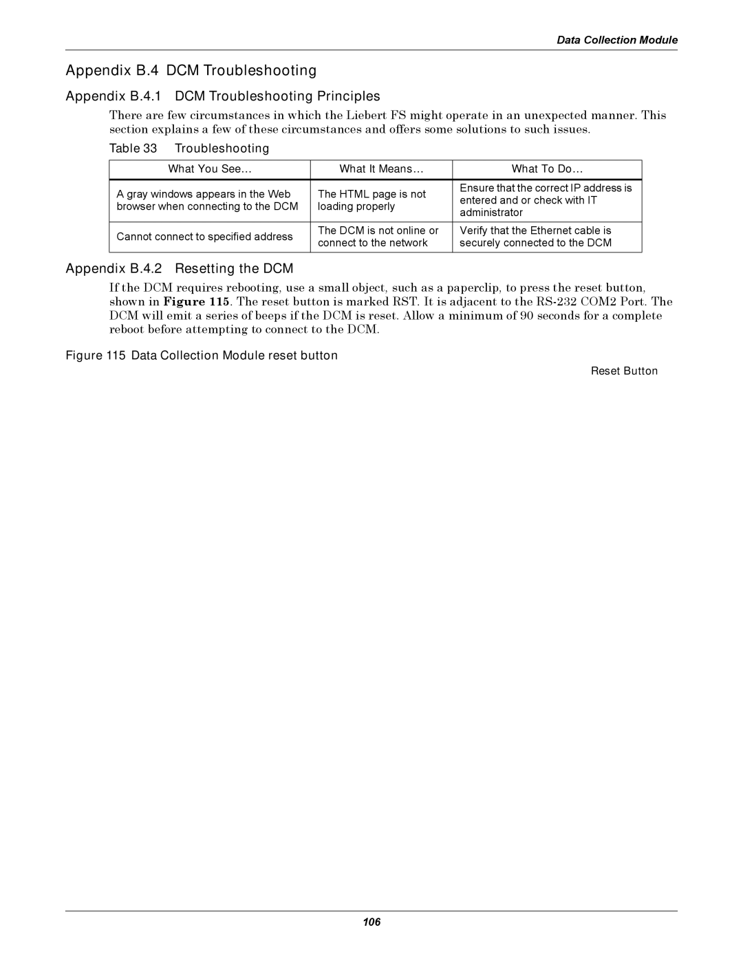 Emerson SERIES 600T, Series 600 user manual Appendix B.4 DCM Troubleshooting, Appendix B.4.1 DCM Troubleshooting Principles 