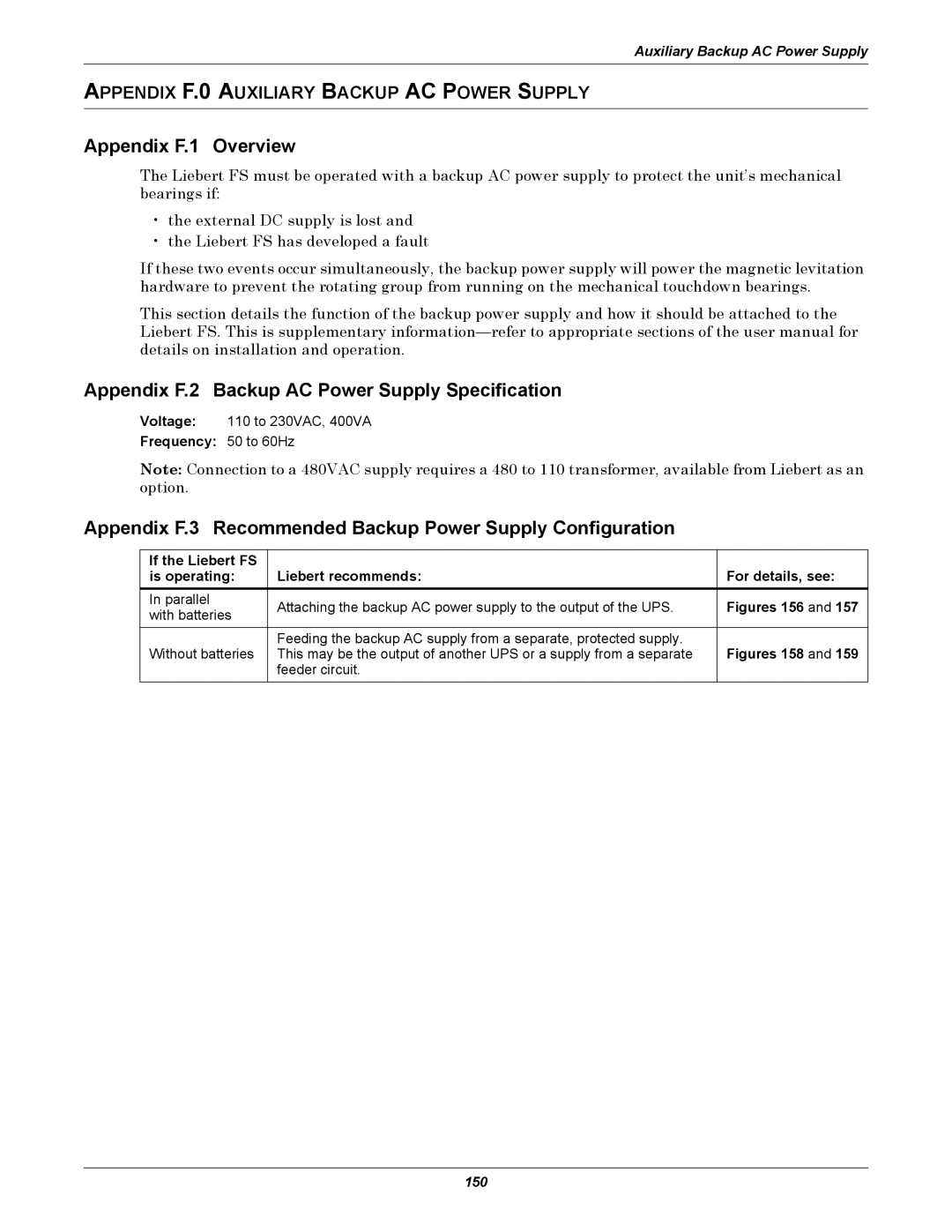 Emerson SERIES 600T Appendix F.1 Overview, Appendix F.2 Backup AC Power Supply Specification, Frequency 50 to 60Hz 