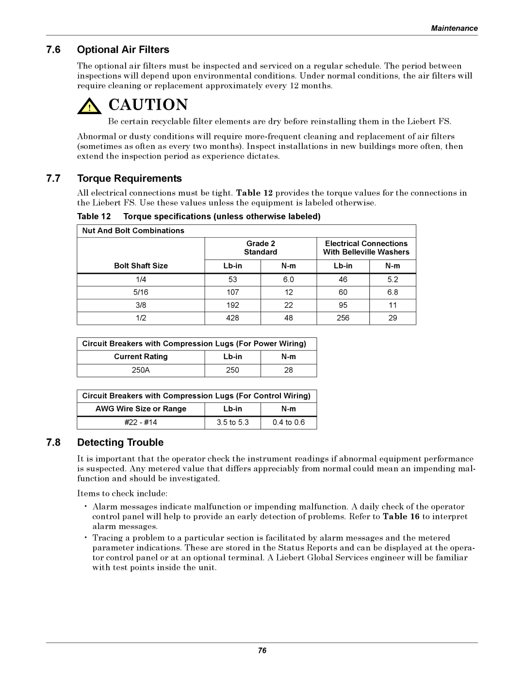 Emerson SERIES 600T, Series 600 user manual Optional Air Filters, Torque Requirements, Detecting Trouble 