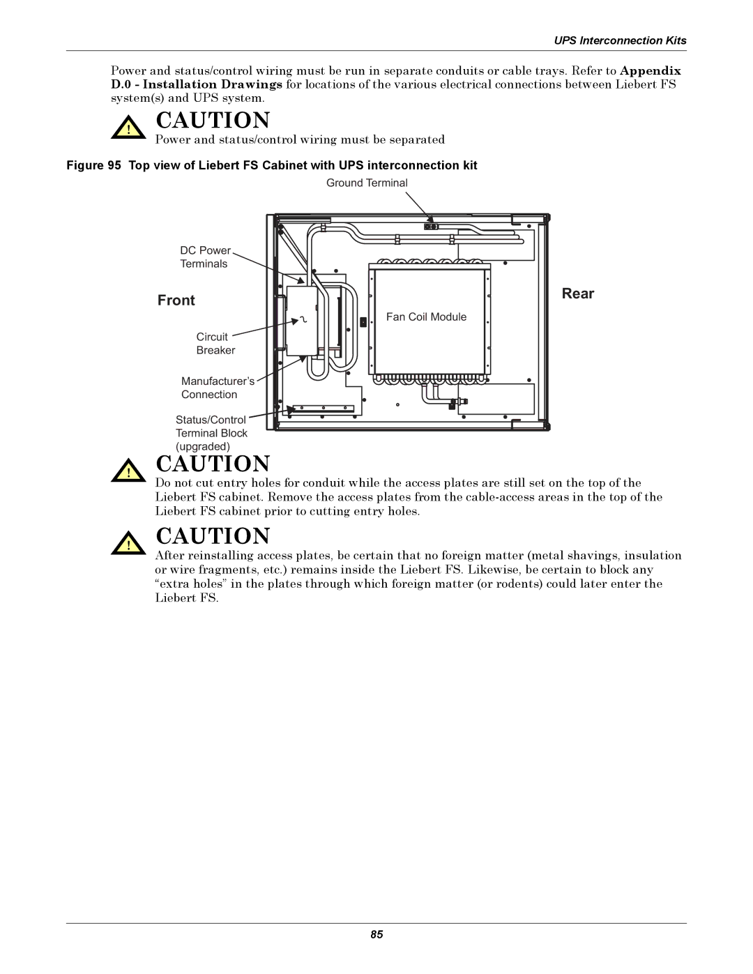 Emerson Series 600, SERIES 600T user manual Front Rear, Top view of Liebert FS Cabinet with UPS interconnection kit 