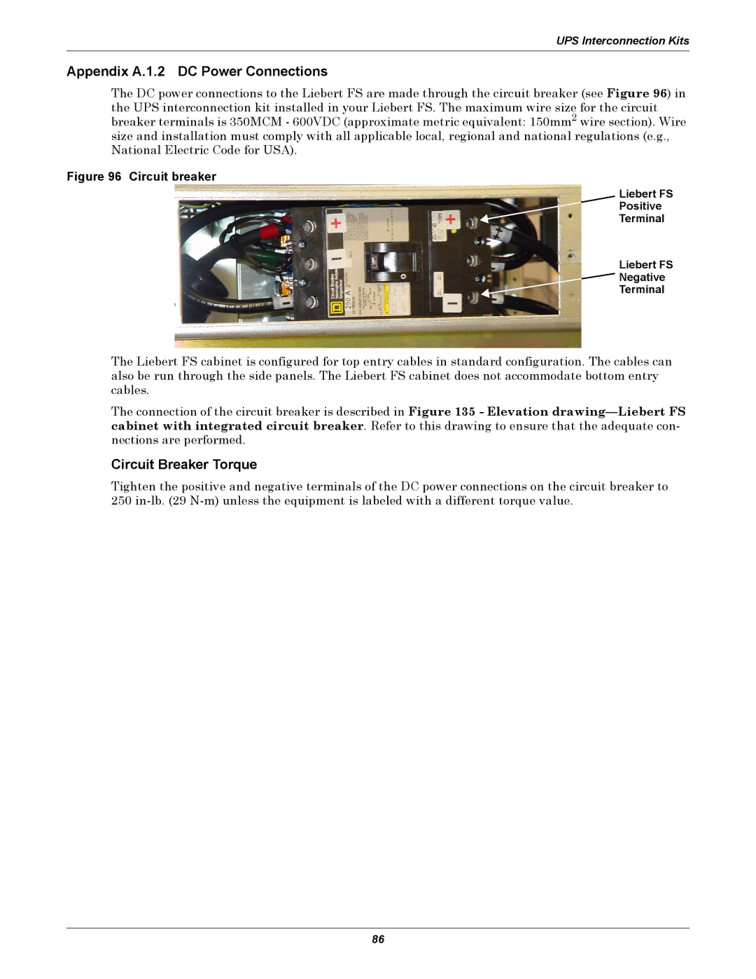 Emerson SERIES 600T Appendix A.1.2 DC Power Connections, Circuit Breaker Torque, Liebert FS Positive Terminal Negative 