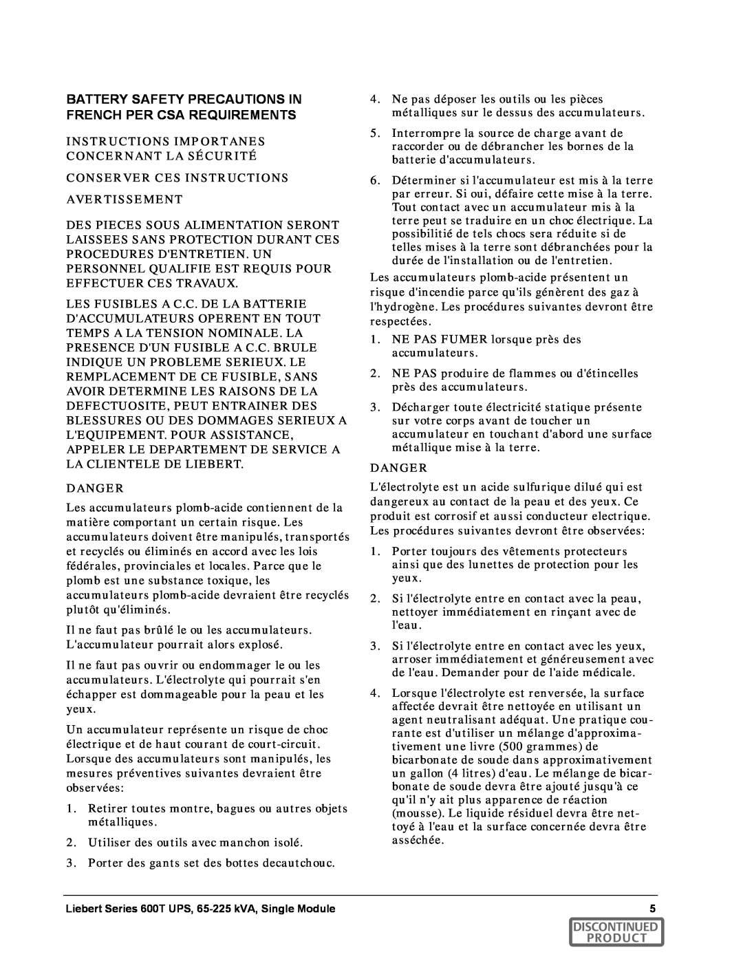 Emerson SERIES 600T manual Battery Safety Precautions In French Per Csa Requirements, Discontinued Product 