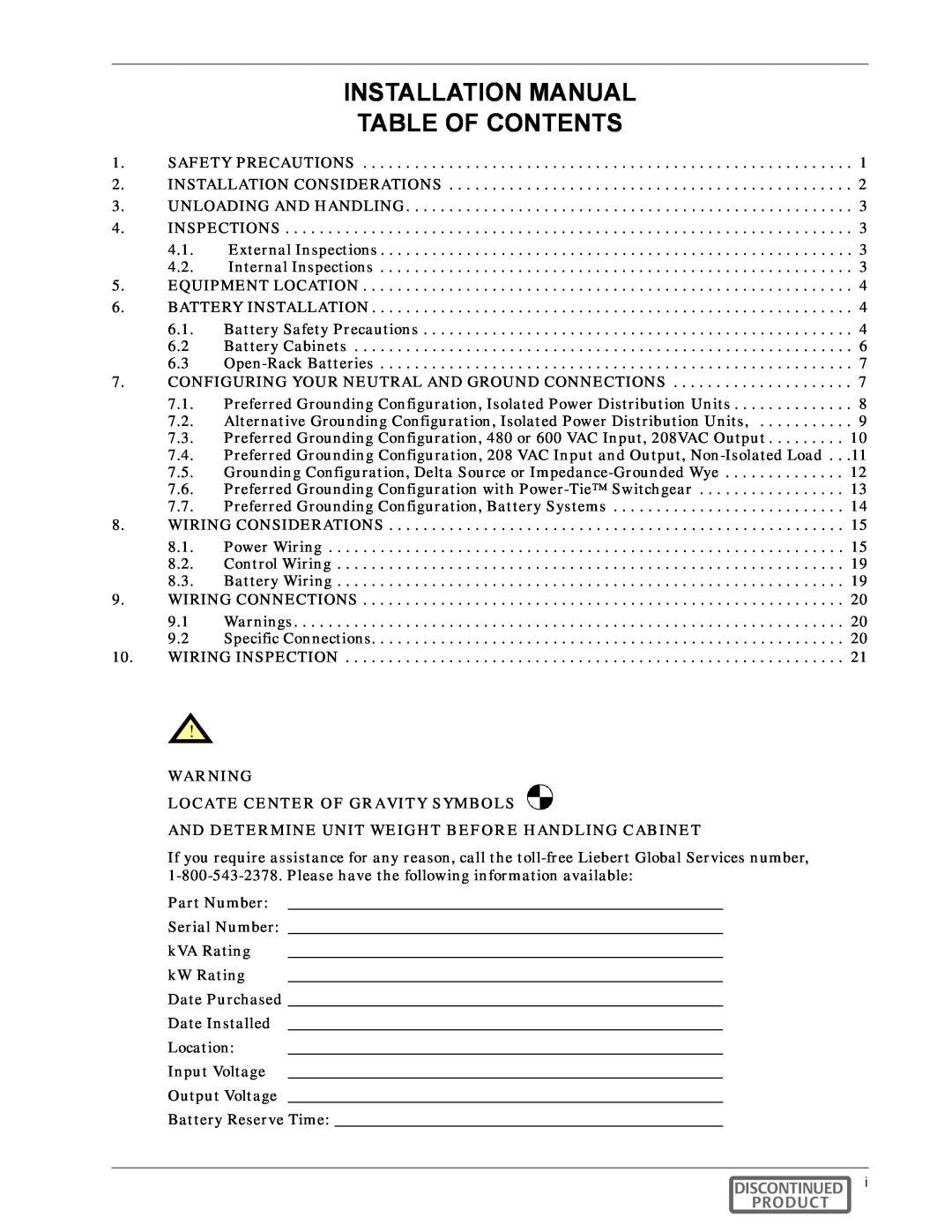 Emerson SERIES 600T manual Installation Manual Table Of Contents, Locate Center Of Gravity Symbols, Discontinued Product 