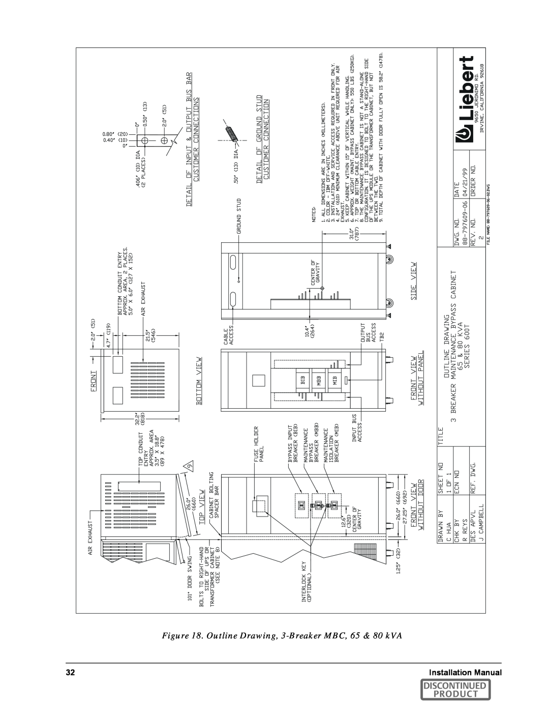 Emerson SERIES 600T manual Outline Drawing, 3-Breaker MBC, 65 & 80 kVA, Discontinued Product 
