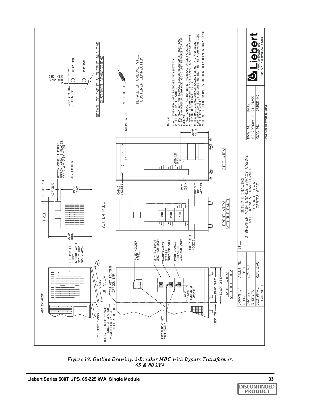 Emerson SERIES 600T manual Outline Drawing, 3-Breaker MBC with Bypass Transformer, 65 & 80 kVA, Discontinued Product 