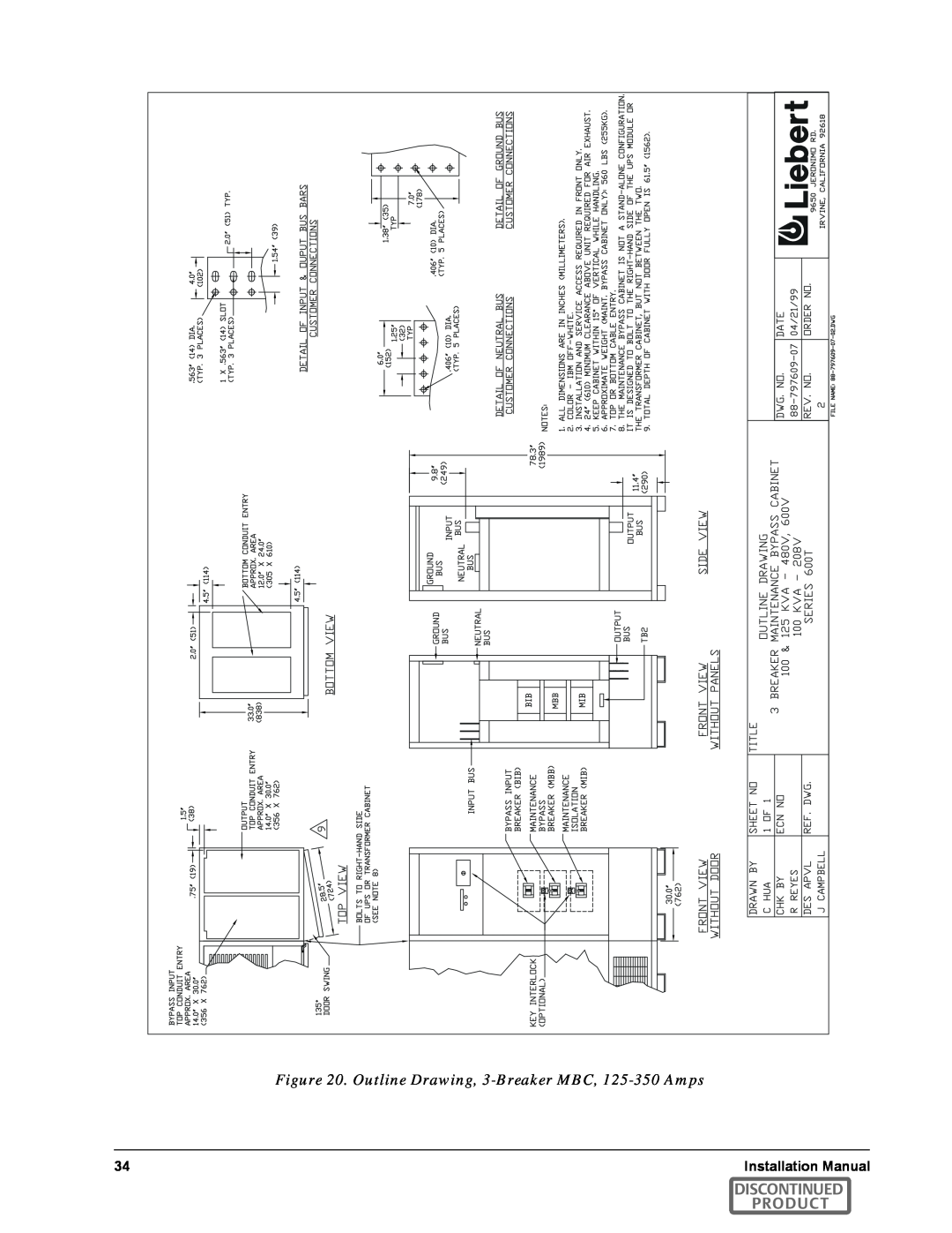 Emerson SERIES 600T manual Outline Drawing, 3-Breaker MBC, 125-350 Amps, Discontinued Product 