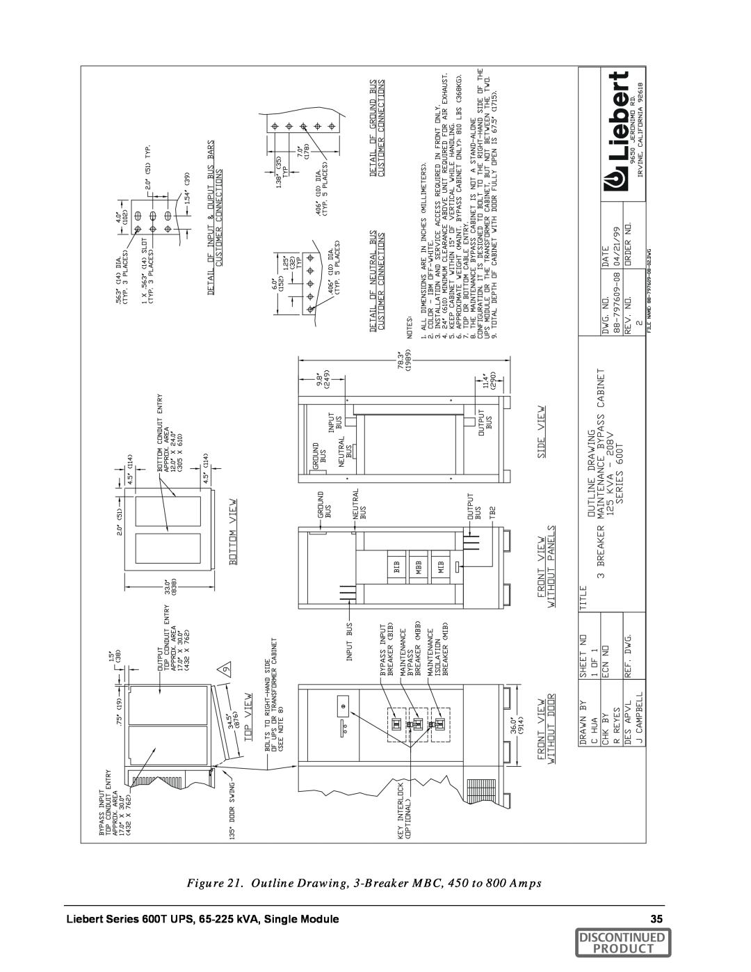 Emerson SERIES 600T manual Outline Drawing, 3-Breaker MBC, 450 to 800 Amps, Discontinued Product 