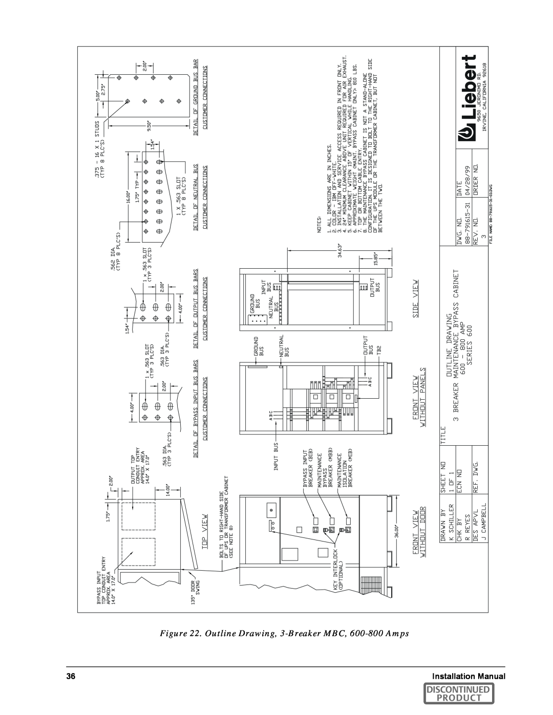 Emerson SERIES 600T manual Outline Drawing, 3-Breaker MBC, 600-800 Amps, Discontinued Product 