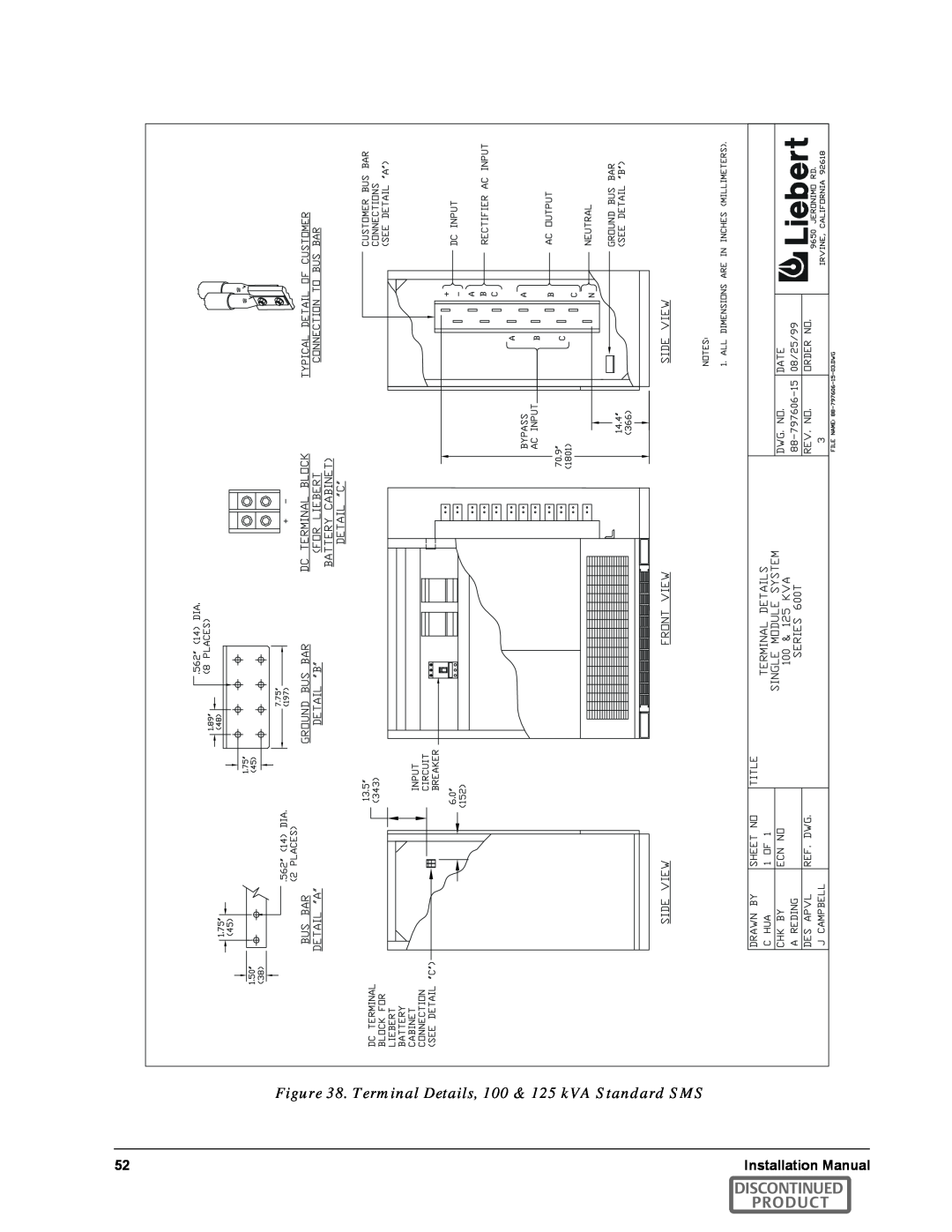 Emerson SERIES 600T manual Terminal Details, 100 & 125 kVA Standard SMS, Discontinued Product 