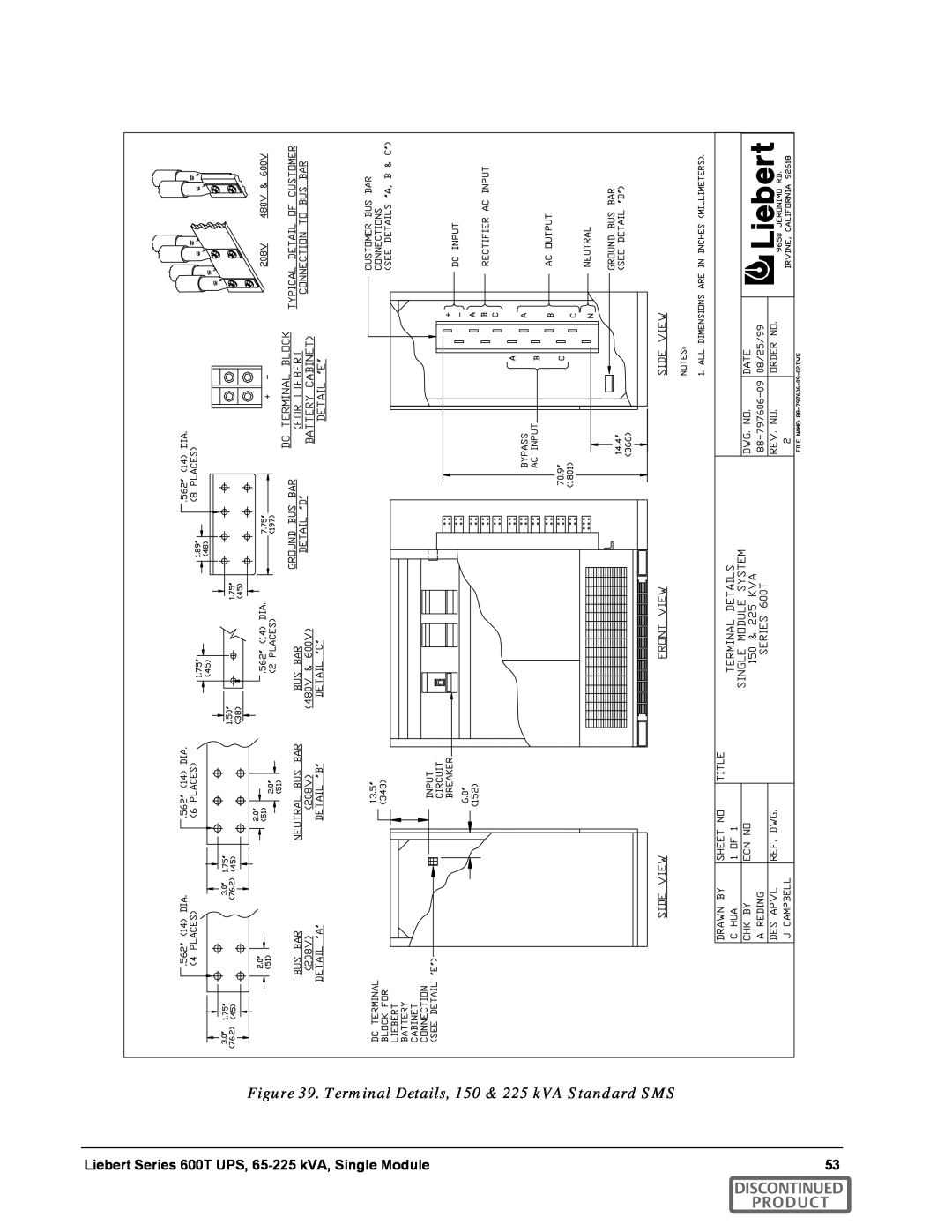 Emerson SERIES 600T manual Terminal Details, 150 & 225 kVA Standard SMS, Discontinued Product 