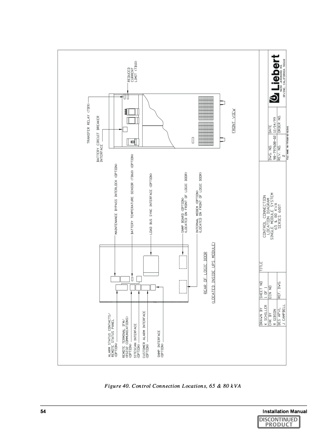 Emerson SERIES 600T manual Control Connection Locations, 65 & 80 kVA, Discontinued Product 