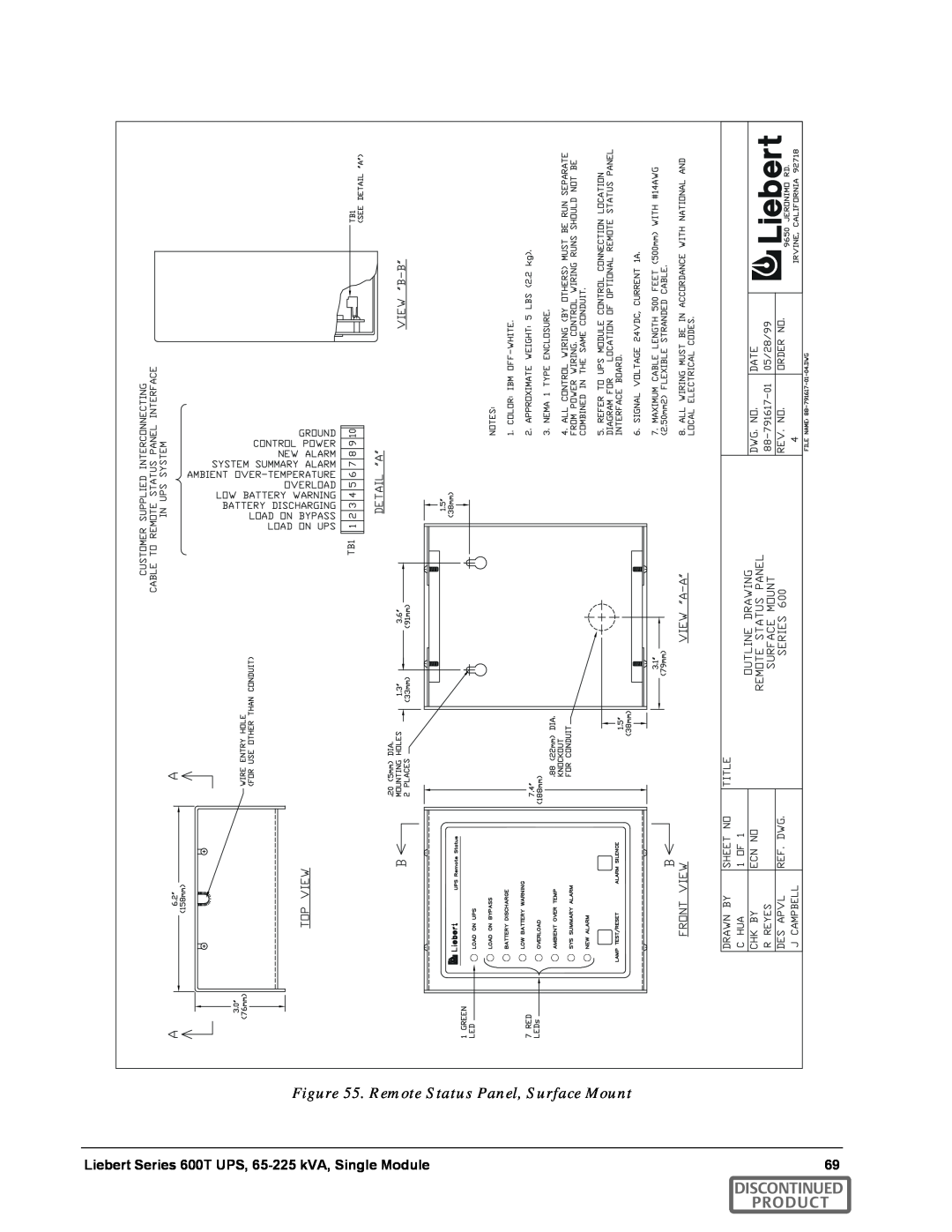 Emerson SERIES 600T manual Remote Status Panel, Surface Mount, Discontinued Product 