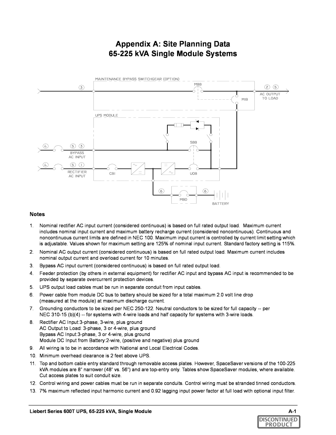 Emerson SERIES 600T manual Appendix A Site Planning Data 65-225 kVA Single Module Systems, Discontinued Product 