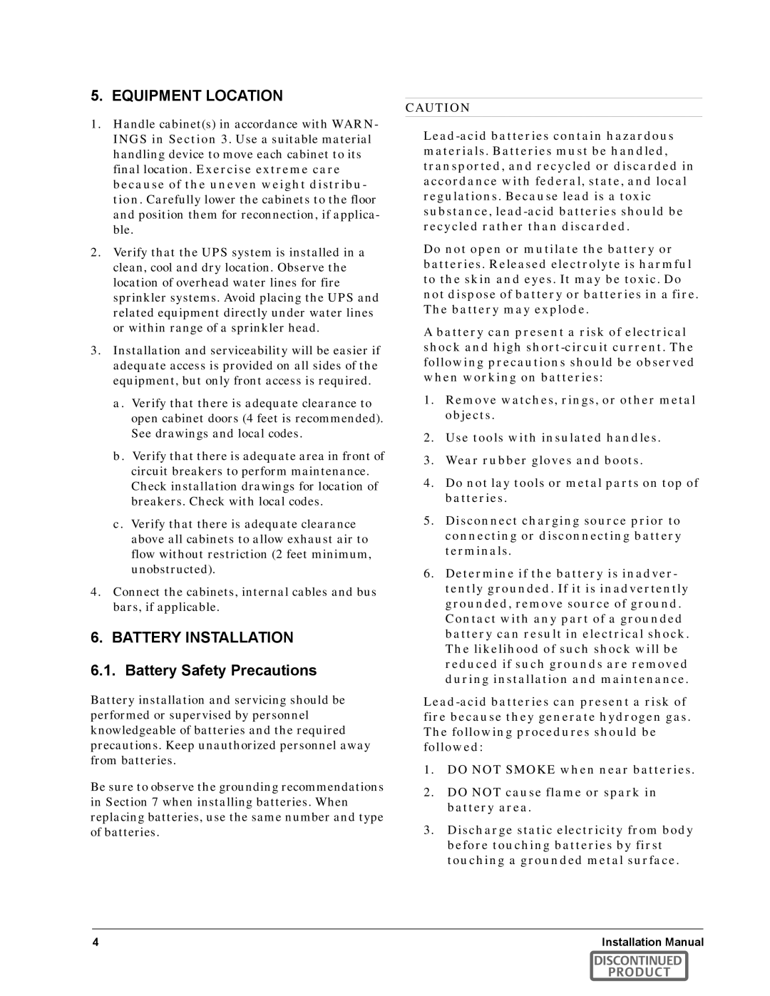 Emerson SERIES 600T manual Equipment Location, Battery Safety Precautions 