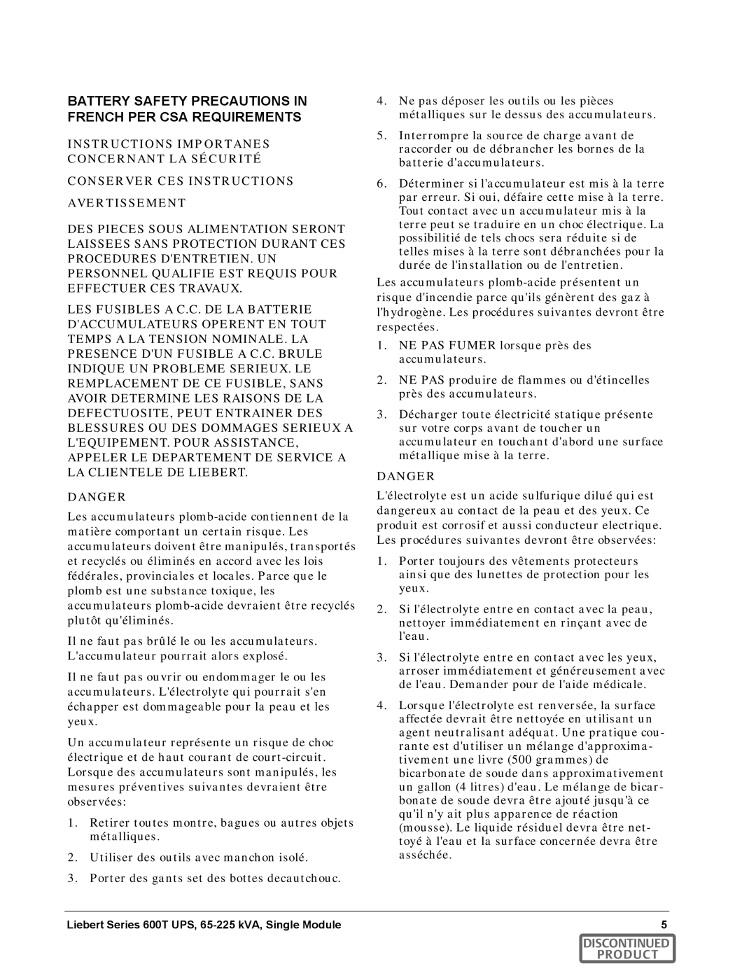 Emerson SERIES 600T manual Battery Safety Precautions in French PER CSA Requirements 