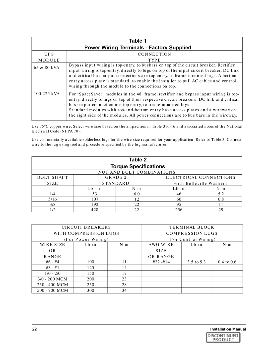 Emerson SERIES 600T manual Power Wiring Terminals Factory Supplied, Torque Specifications 