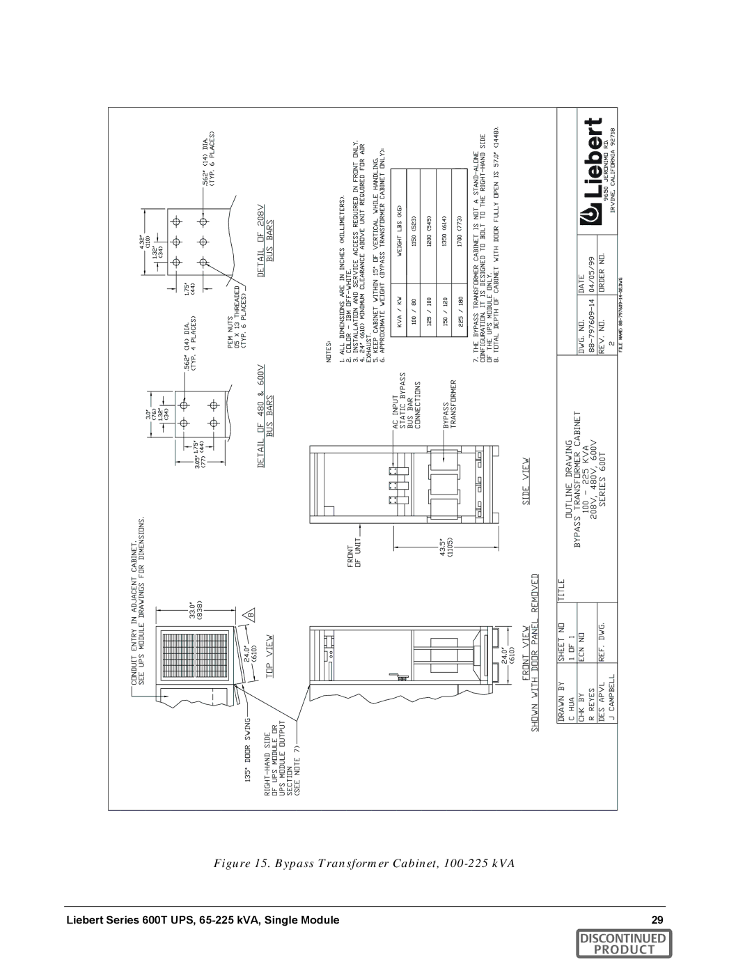 Emerson SERIES 600T manual Bypass Transformer Cabinet, 100-225 kVA 