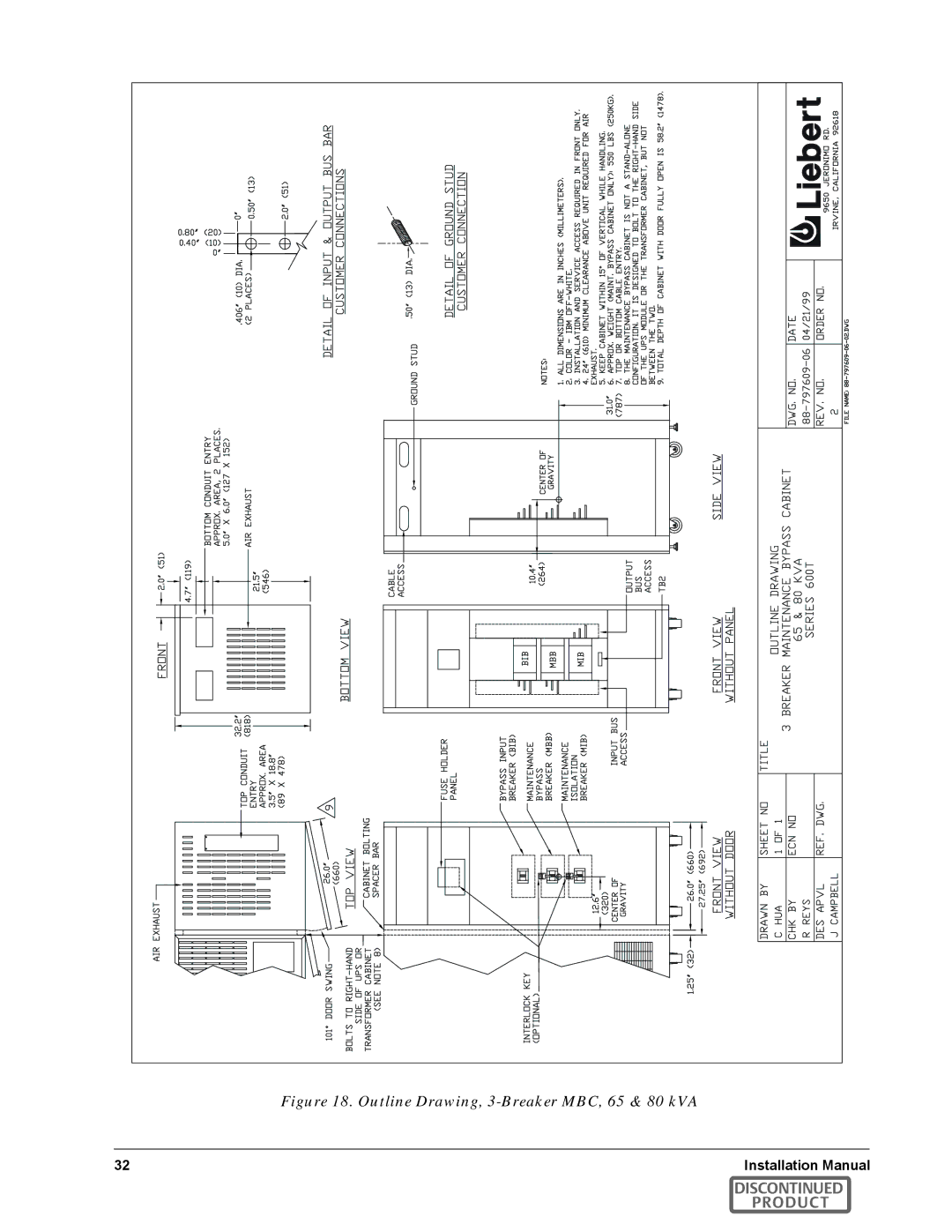 Emerson SERIES 600T manual Outline Drawing, 3-Breaker MBC, 65 & 80 kVA 