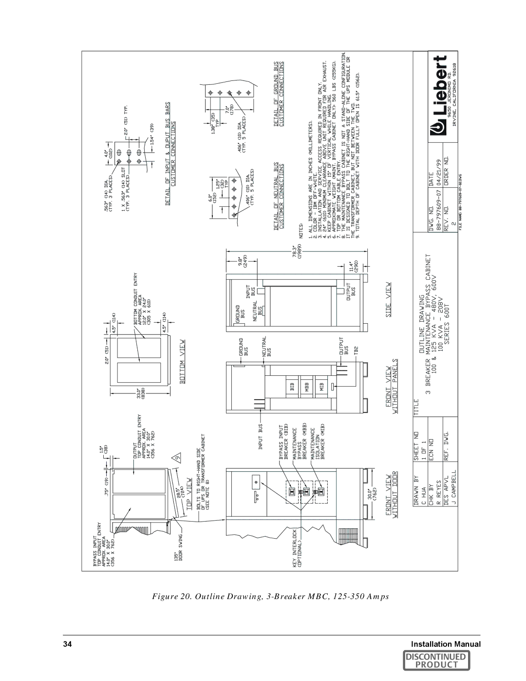 Emerson SERIES 600T manual Outline Drawing, 3-Breaker MBC, 125-350 Amps 