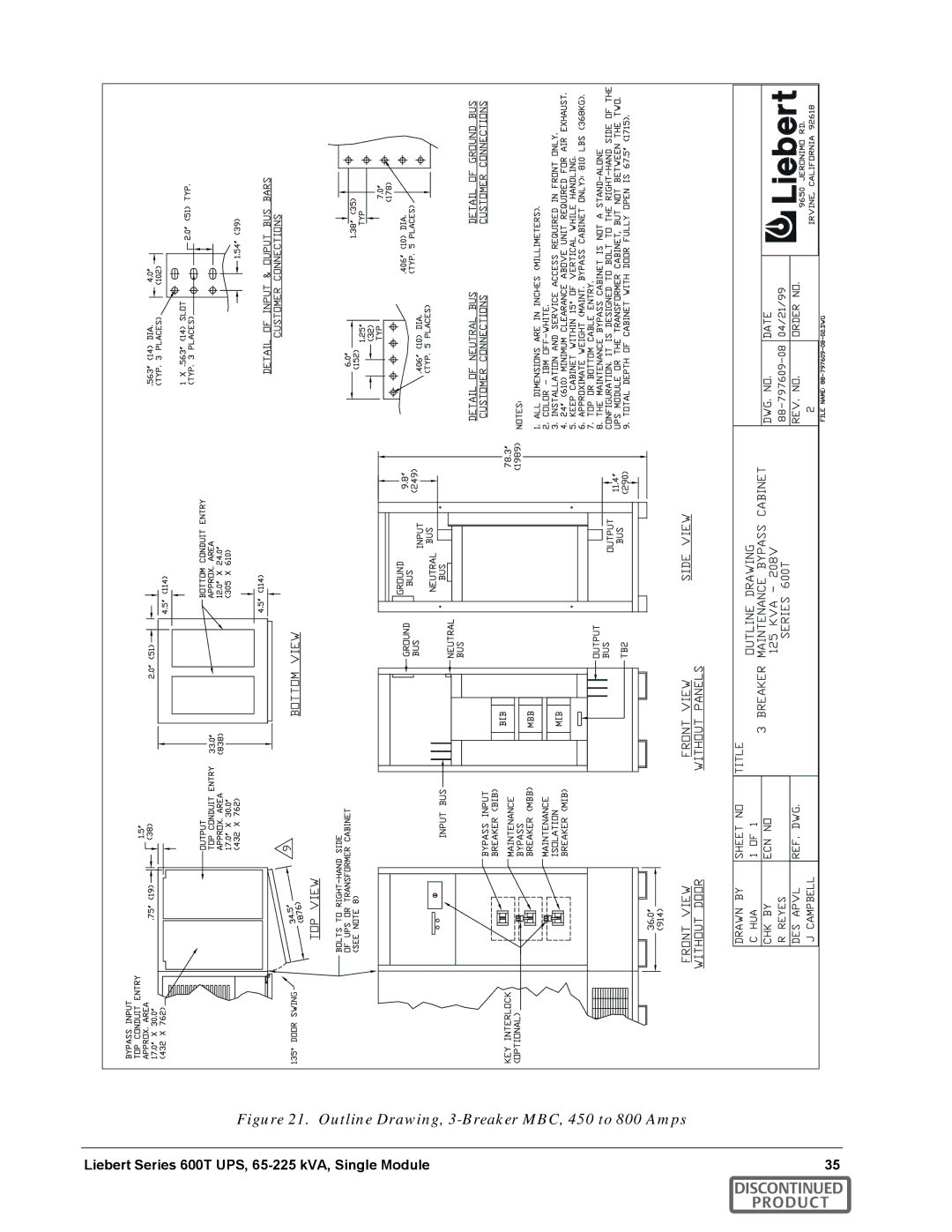 Emerson SERIES 600T manual Outline Drawing, 3-Breaker MBC, 450 to 800 Amps 