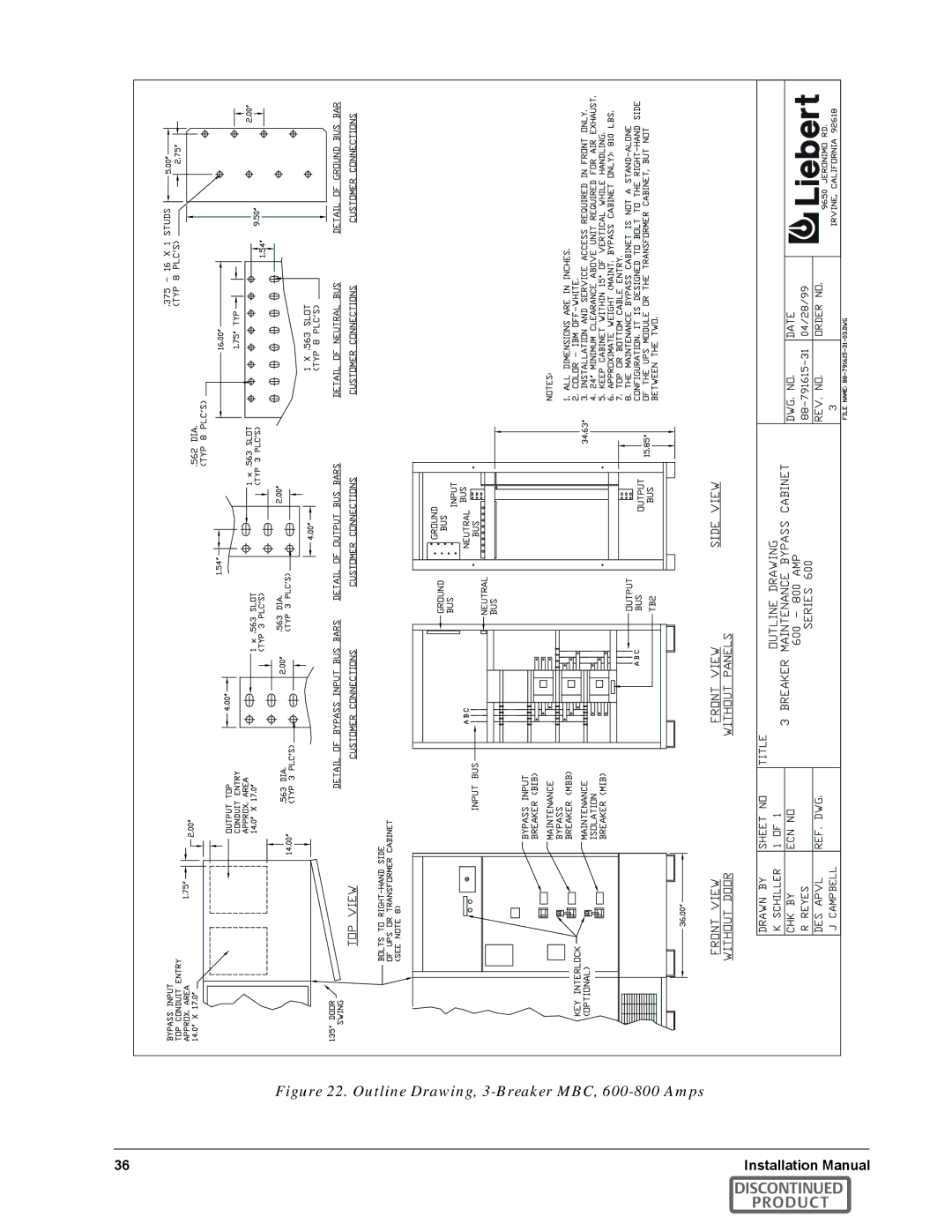 Emerson SERIES 600T manual Outline Drawing, 3-Breaker MBC, 600-800 Amps 