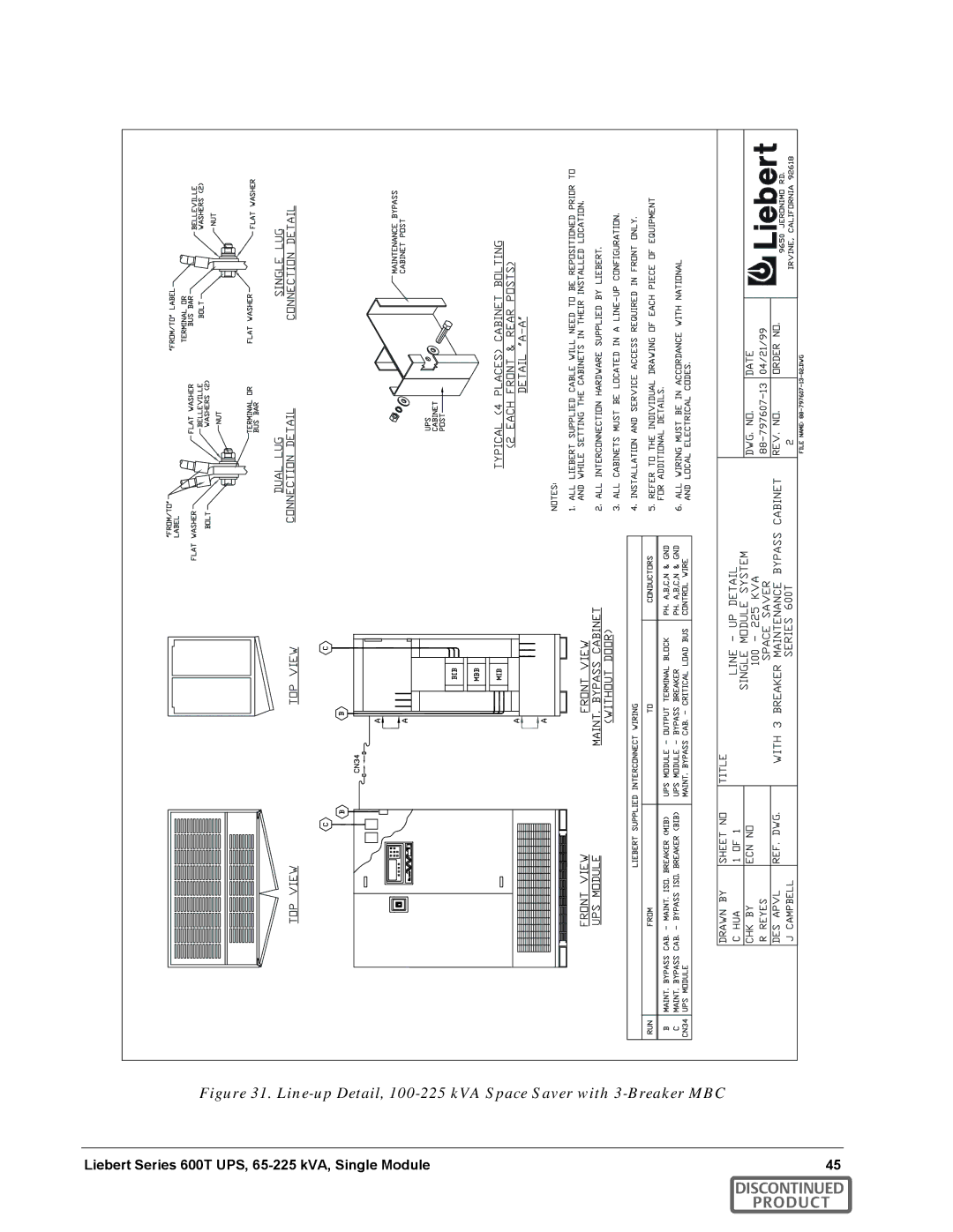 Emerson SERIES 600T manual Line-up Detail, 100-225 kVA Space Saver with 3-Breaker MBC 