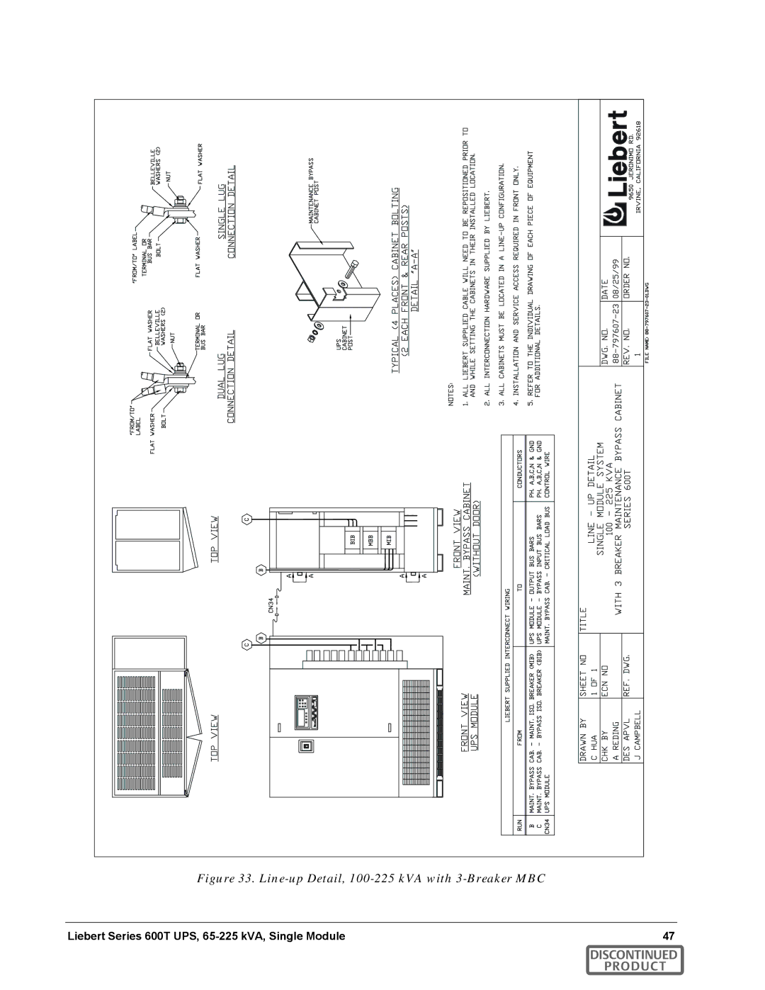 Emerson SERIES 600T manual Line-up Detail, 100-225 kVA with 3-Breaker MBC 