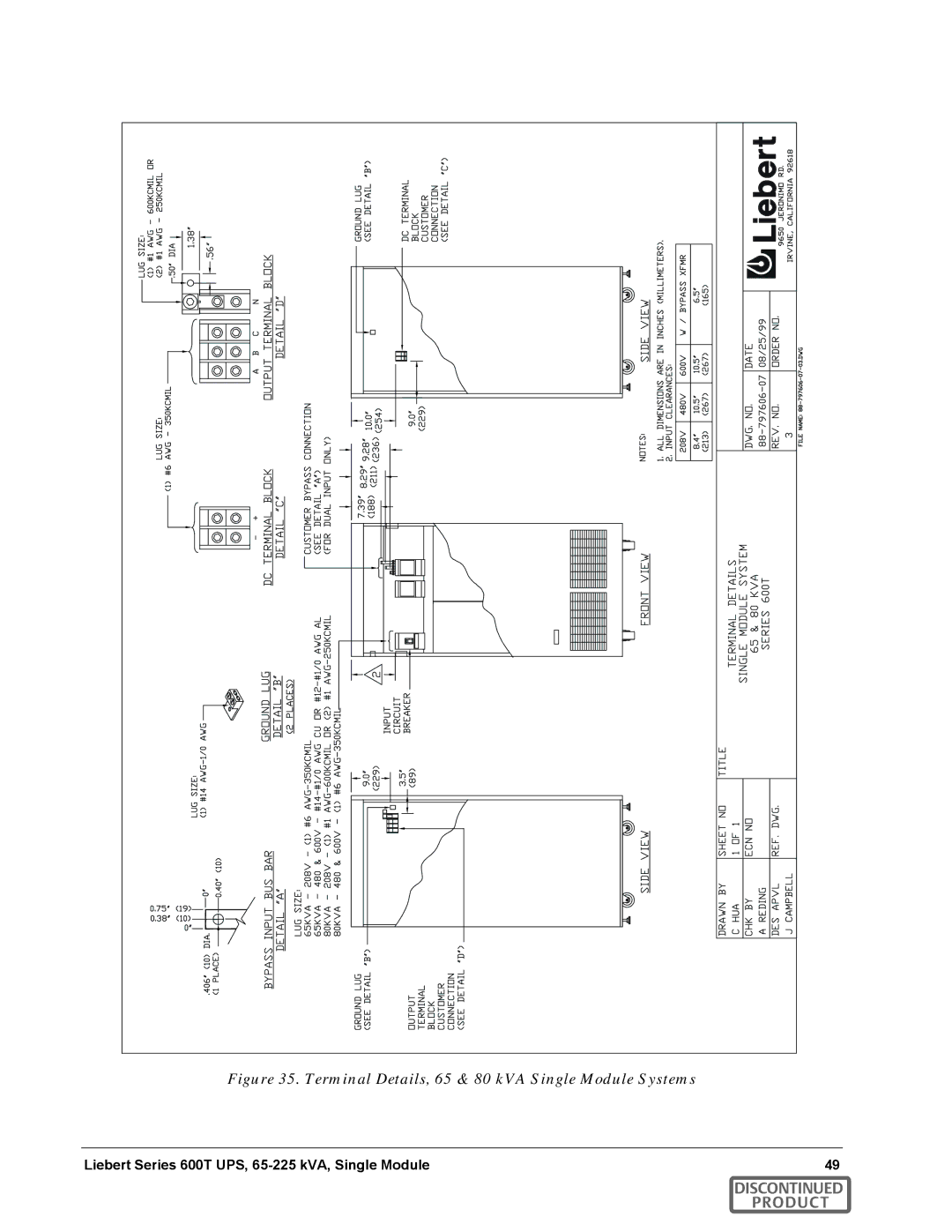 Emerson SERIES 600T manual Terminal Details, 65 & 80 kVA Single Module Systems 