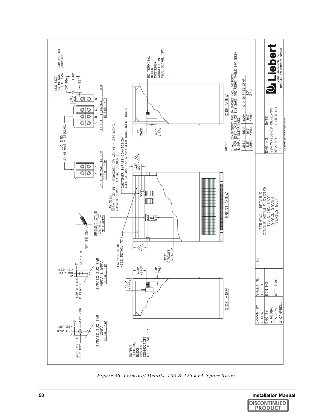 Emerson SERIES 600T manual Terminal Details, 100 & 125 kVA Space Saver 