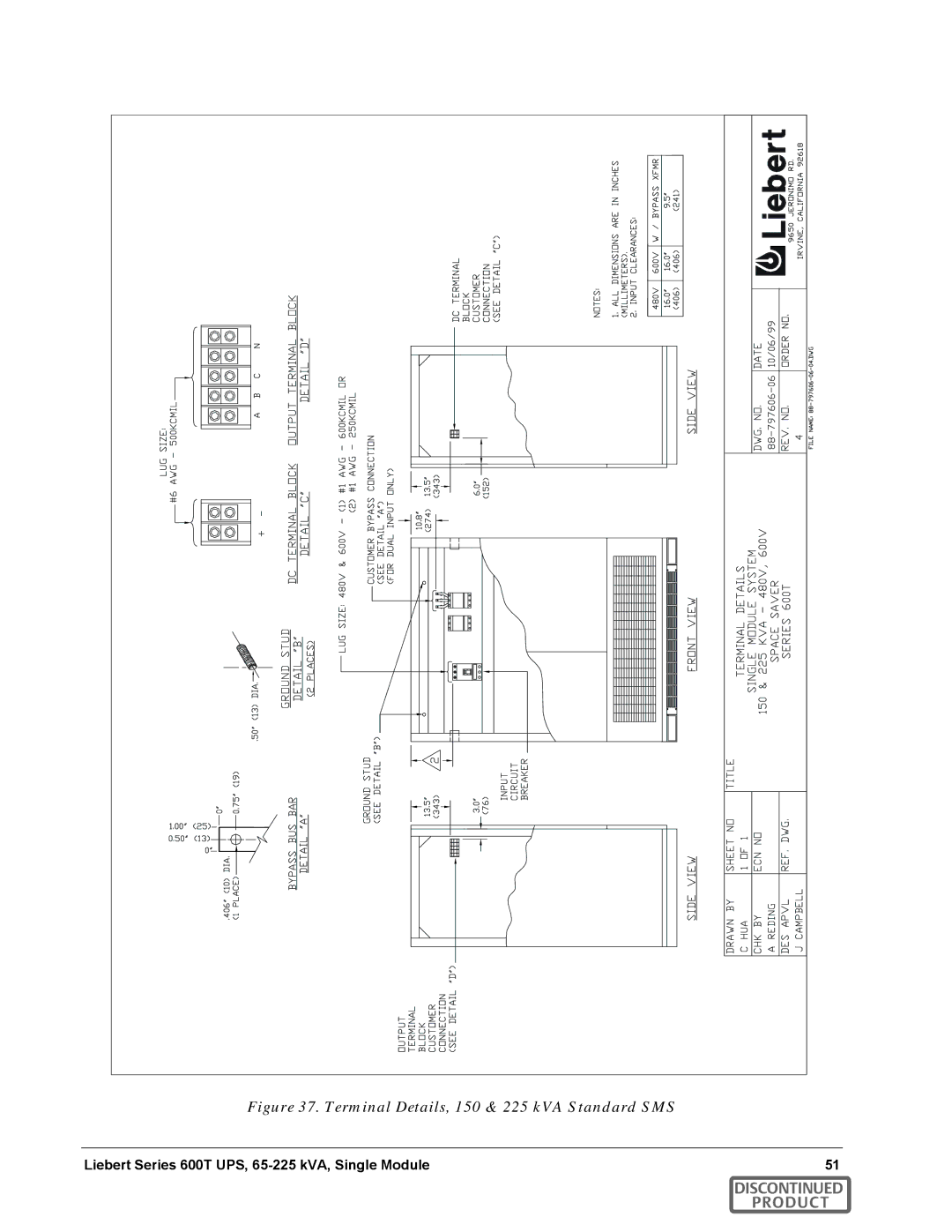 Emerson SERIES 600T manual Terminal Details, 150 & 225 kVA Standard SMS 