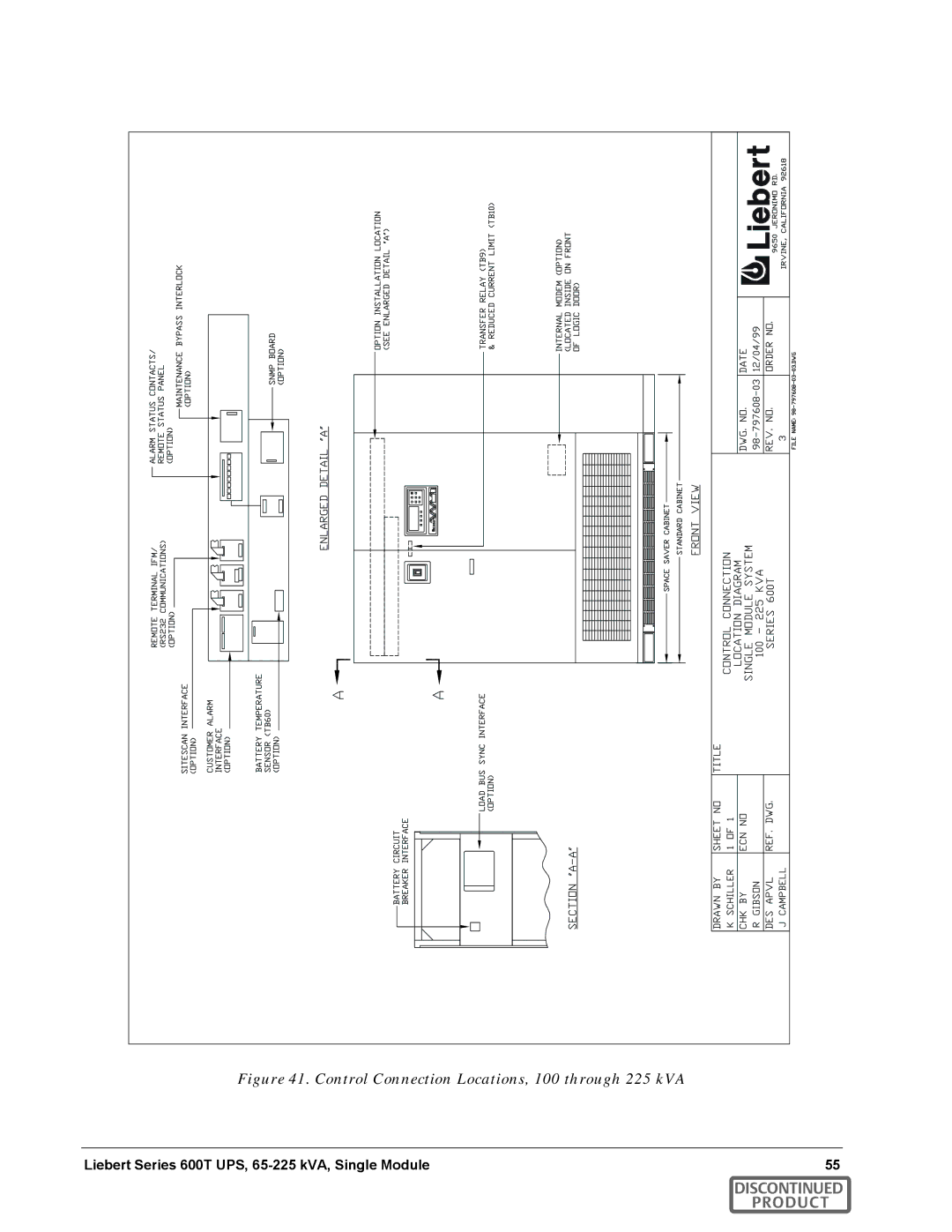 Emerson SERIES 600T manual Control Connection Locations, 100 through 225 kVA 