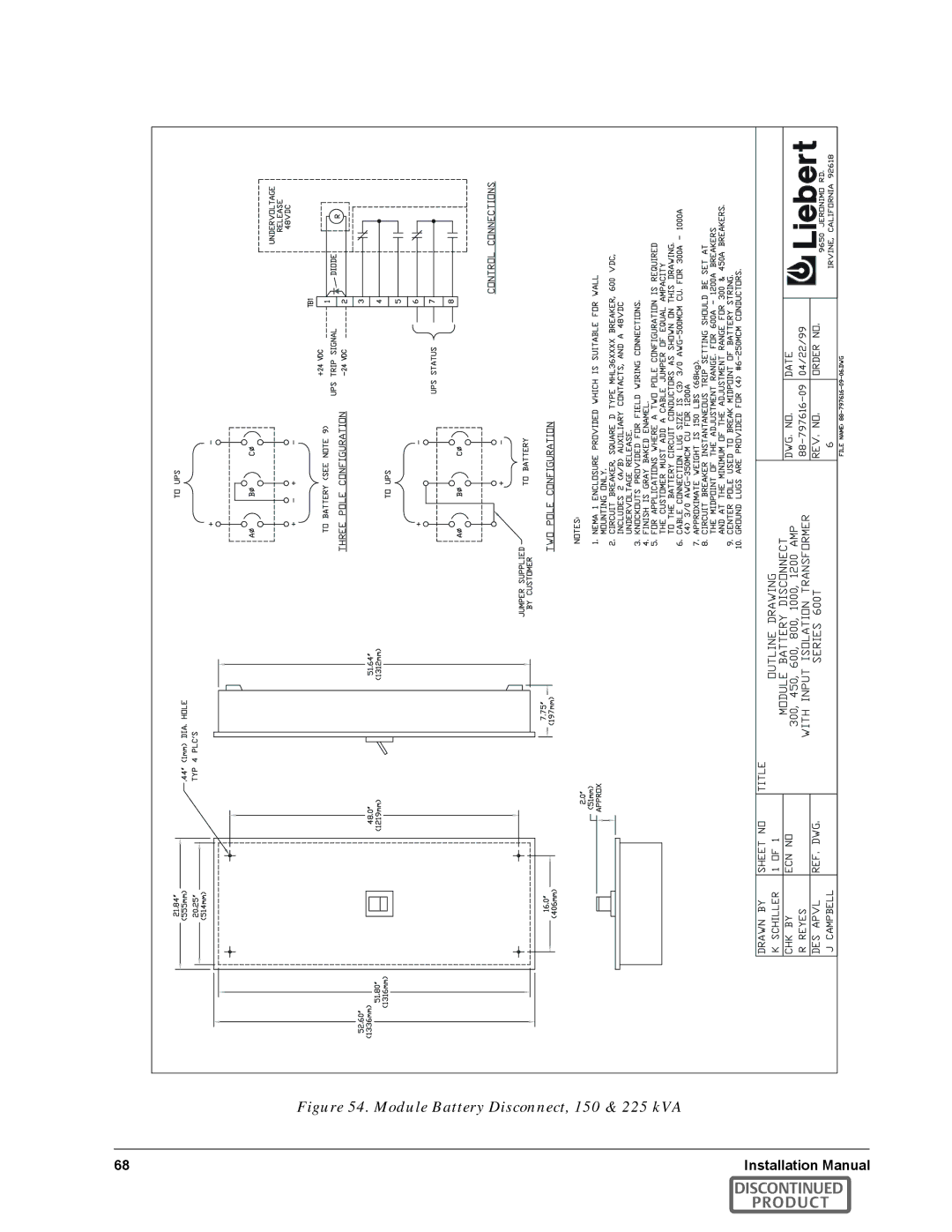 Emerson SERIES 600T manual Module Battery Disconnect, 150 & 225 kVA 