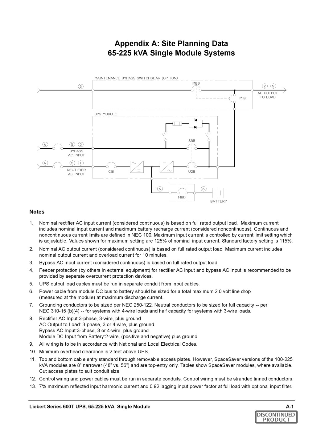 Emerson SERIES 600T manual Appendix a Site Planning Data KVA Single Module Systems 