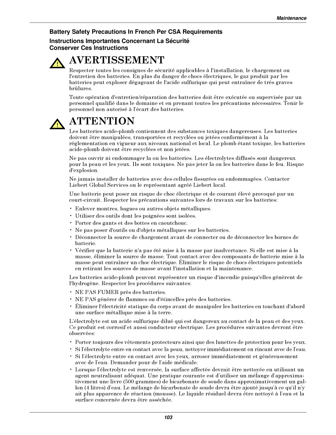 Emerson Series 610 Avertissement, Battery Safety Precautions In French Per CSA Requirements, Conserver Ces Instructions 