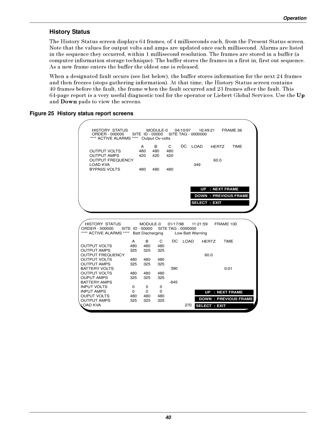 Emerson Series 610 manual History Status, History status report screens 