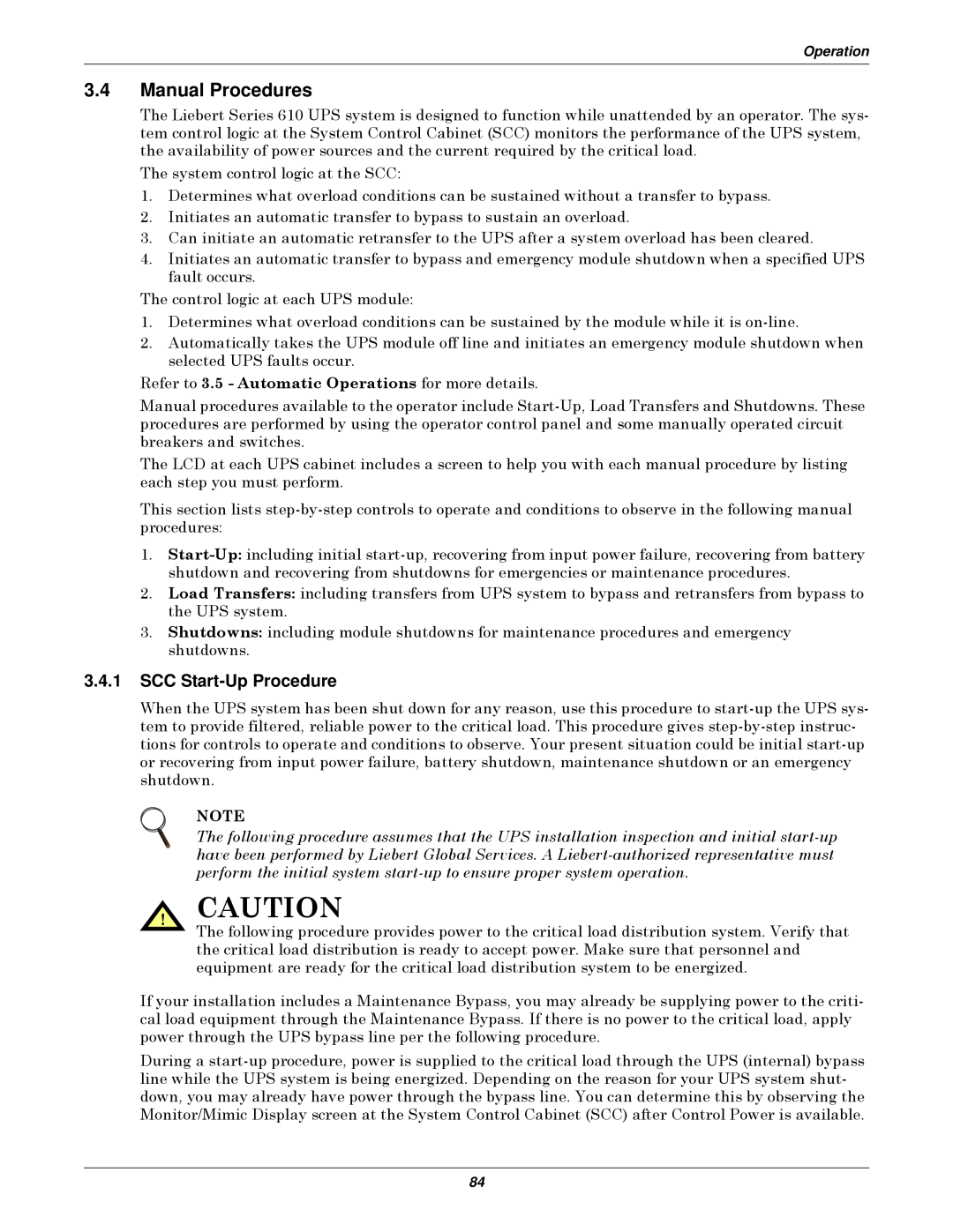Emerson Series 610 manual Manual Procedures, SCC Start-Up Procedure 