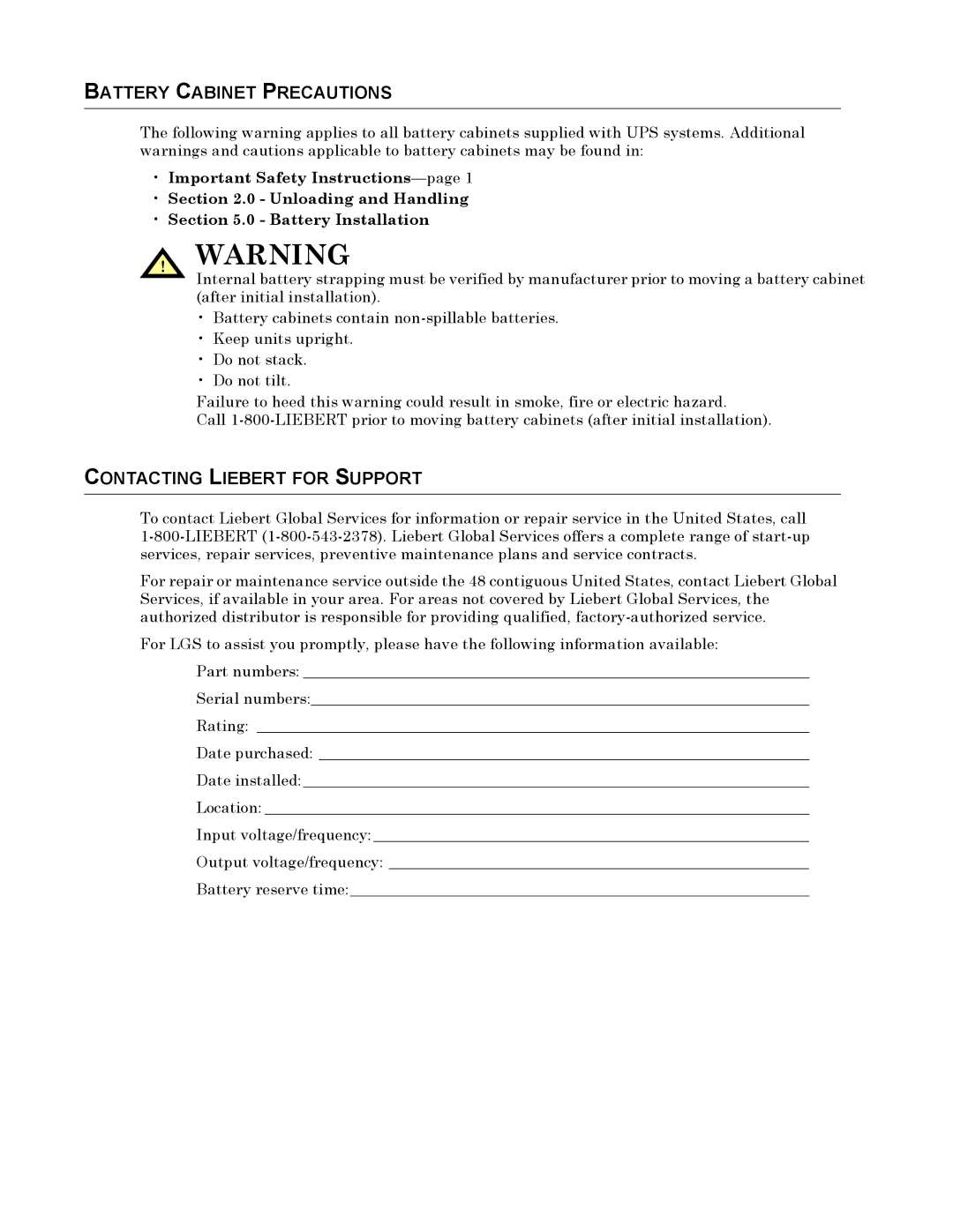 Emerson Series 610 installation manual Battery Cabinet Precautions, Contacting Liebert for Support 