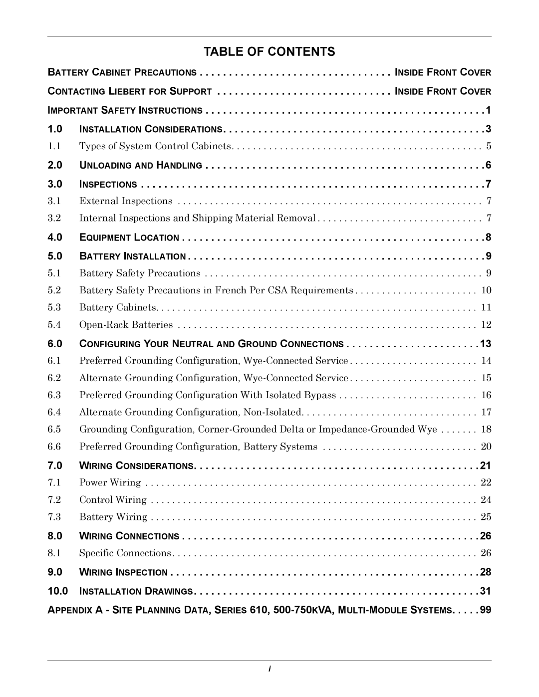 Emerson Series 610 installation manual Table of Contents 