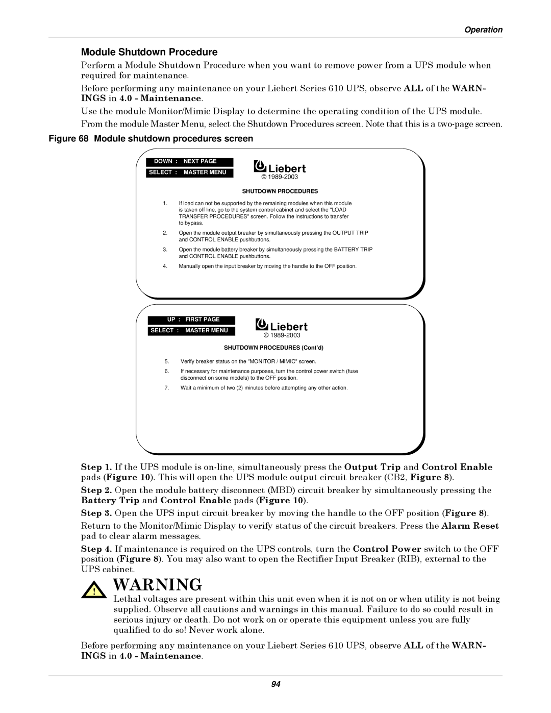 Emerson Series 610 manual Module Shutdown Procedure, Module shutdown procedures screen 