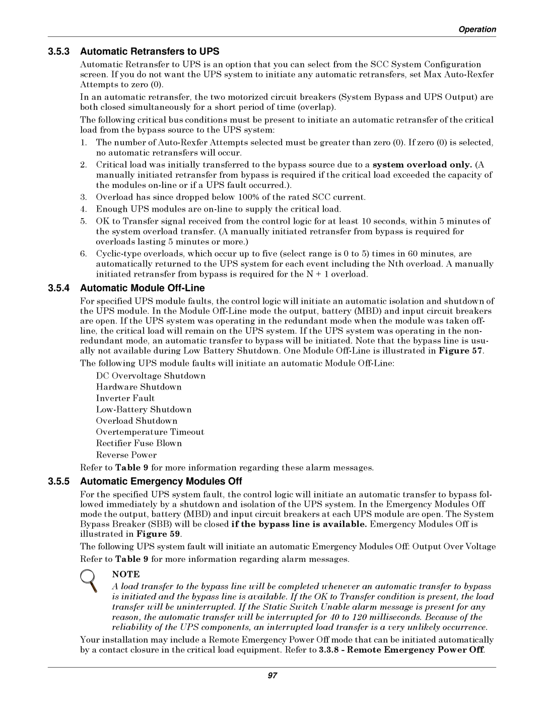 Emerson Series 610 manual Automatic Retransfers to UPS, Automatic Module Off-Line, Automatic Emergency Modules Off 