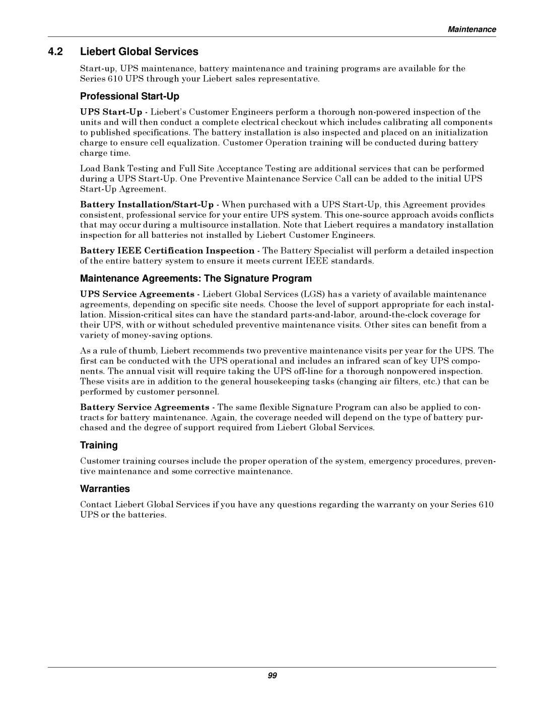 Emerson Series 610 Liebert Global Services, Professional Start-Up, Maintenance Agreements The Signature Program, Training 