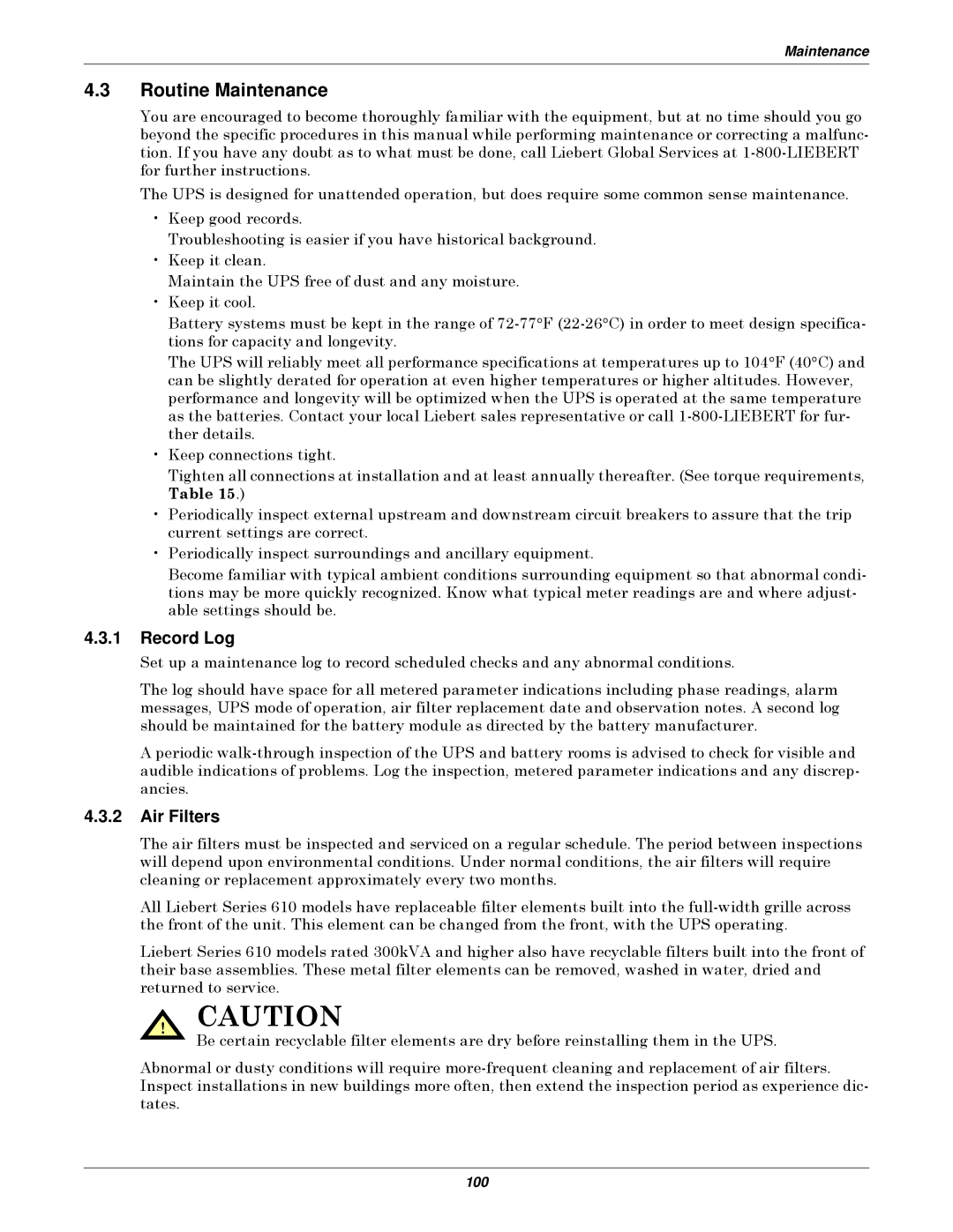 Emerson Series 610 manual Routine Maintenance, Record Log, Air Filters 