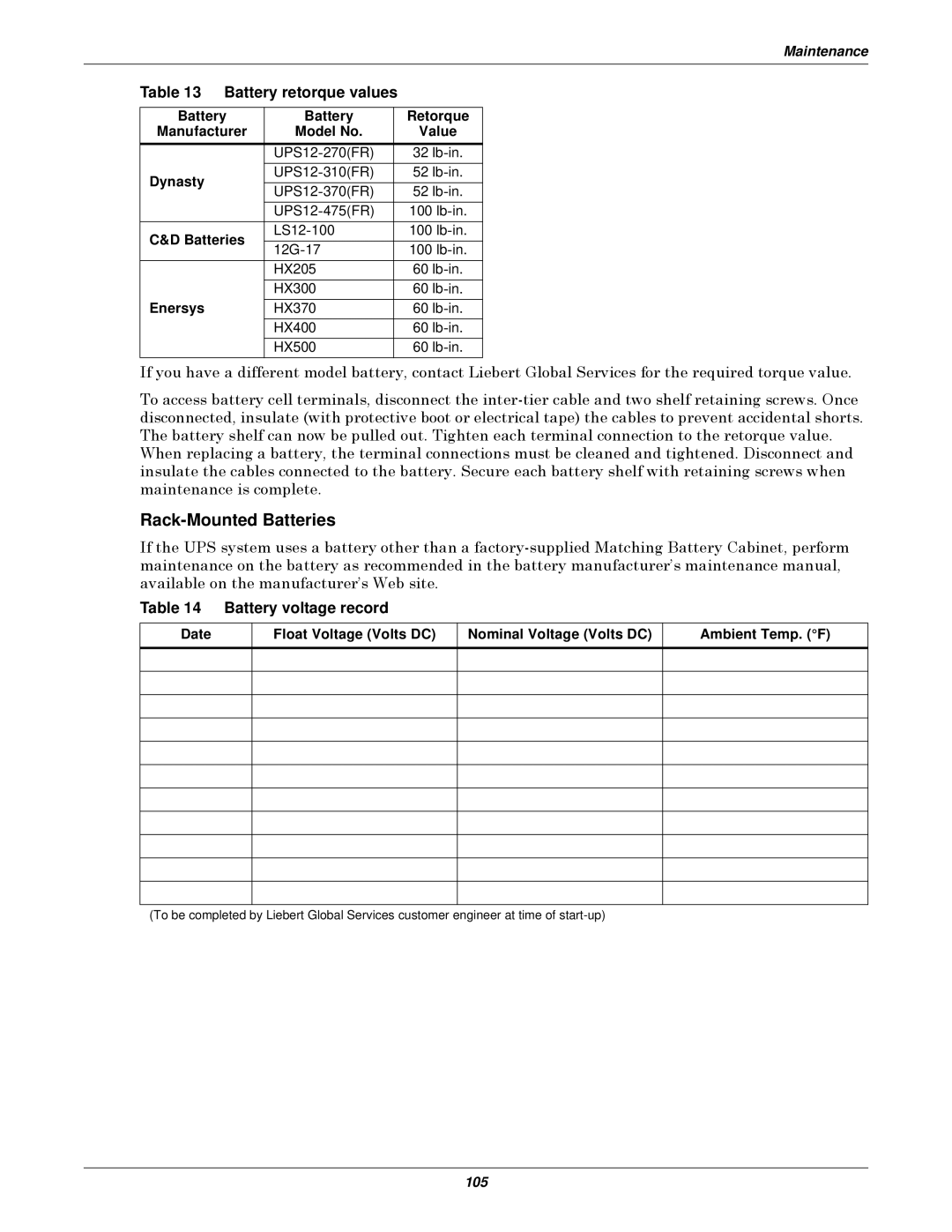 Emerson Series 610 manual Rack-Mounted Batteries, Battery retorque values, Battery voltage record 