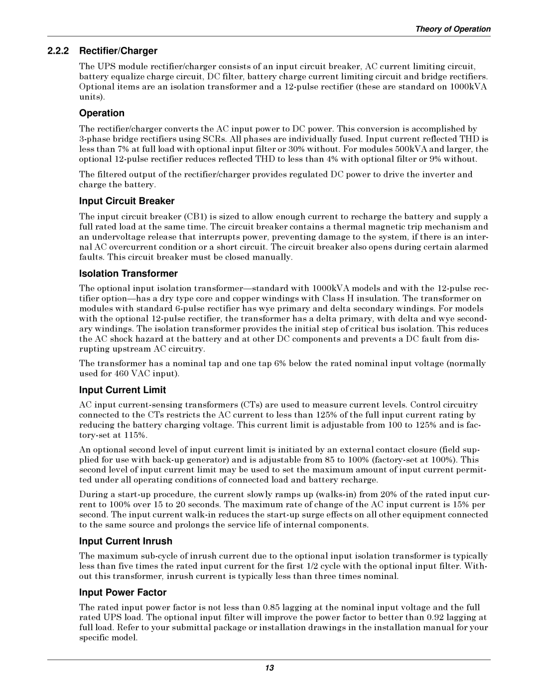 Emerson Series 610 manual Rectifier/Charger, Operation, Input Circuit Breaker, Isolation Transformer, Input Current Limit 