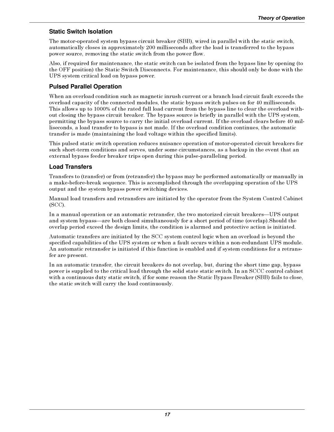 Emerson Series 610 manual Static Switch Isolation, Pulsed Parallel Operation, Load Transfers 