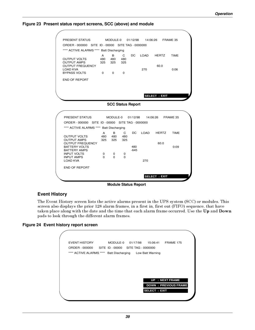 Emerson Series 610 manual Event History, SCC Status Report, Module Status Report 