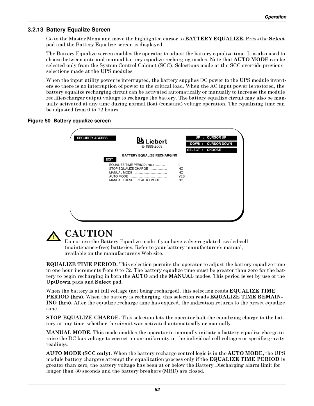 Emerson Series 610 manual Battery Equalize Screen, Battery equalize screen 