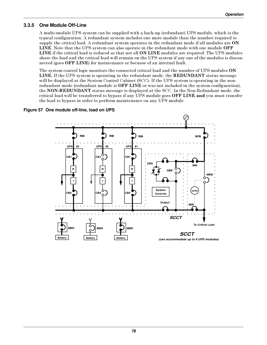 Emerson Series 610 manual One Module Off-Line, One module off-line, load on UPS 